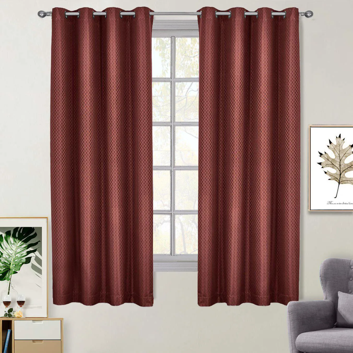 100% Blackout Curtain - Diamond Jacquard Woven Drape Theme (Set of 2)