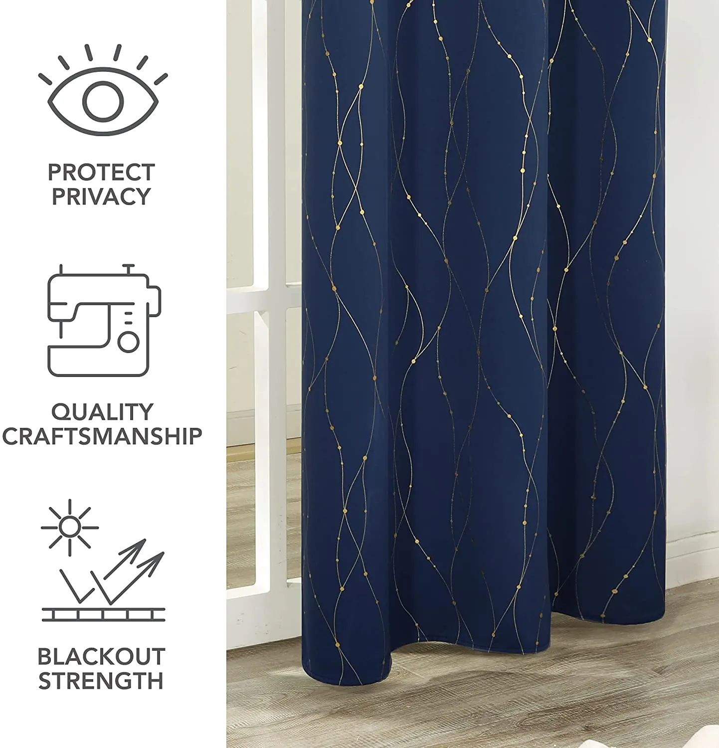 100% Blackout Curtains, Gold Foil Printed Thermal Curtains, Pack of 1 Curtain - Dotted W