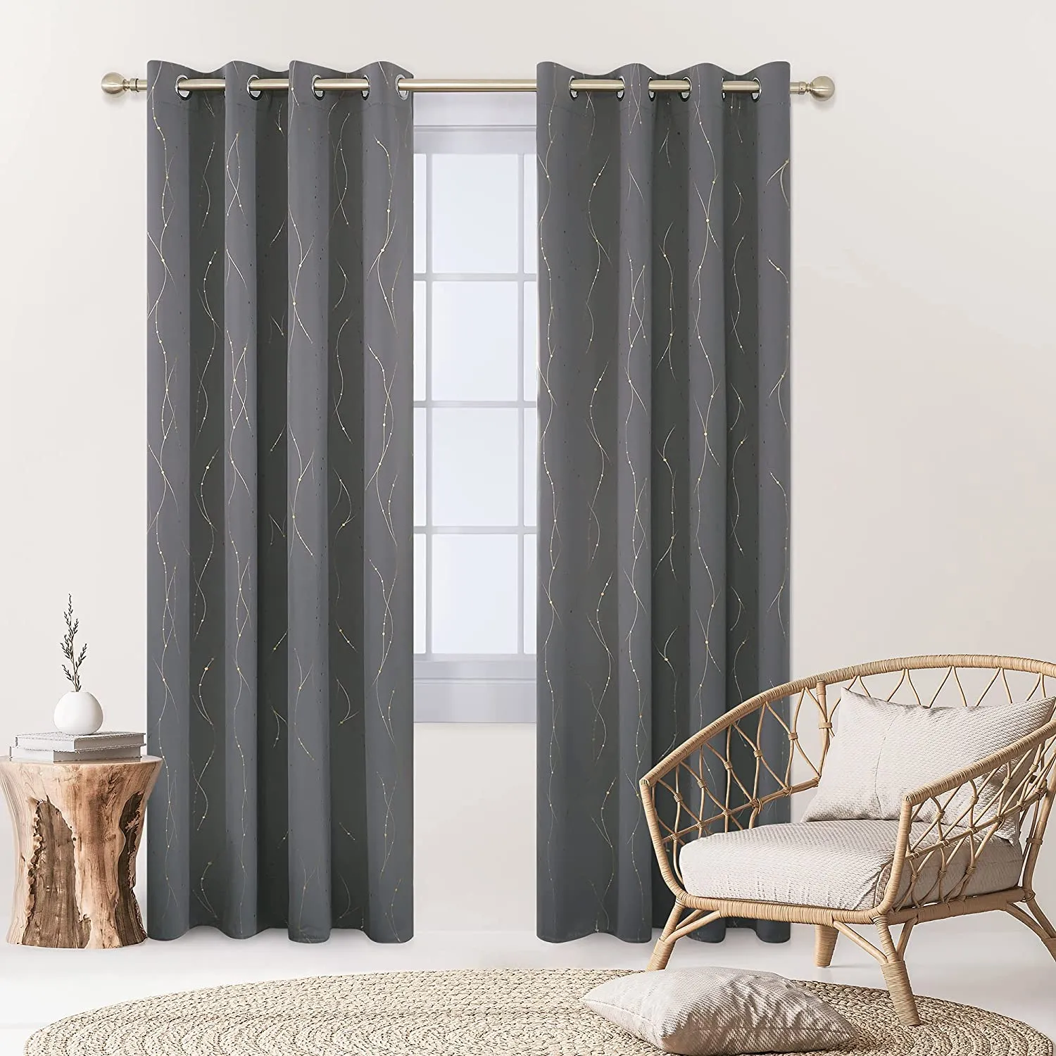 100% Blackout Curtains, Gold Foil Printed Thermal Curtains, Pack of 1 Curtain - Dotted W