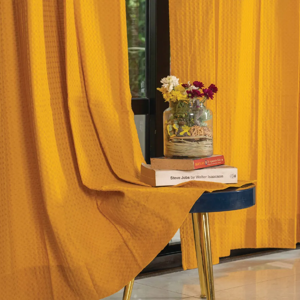 100% Cotton Waffle weave Curtains, 60-65% Room Darkening Curtain - Pack of 2 - Mustard