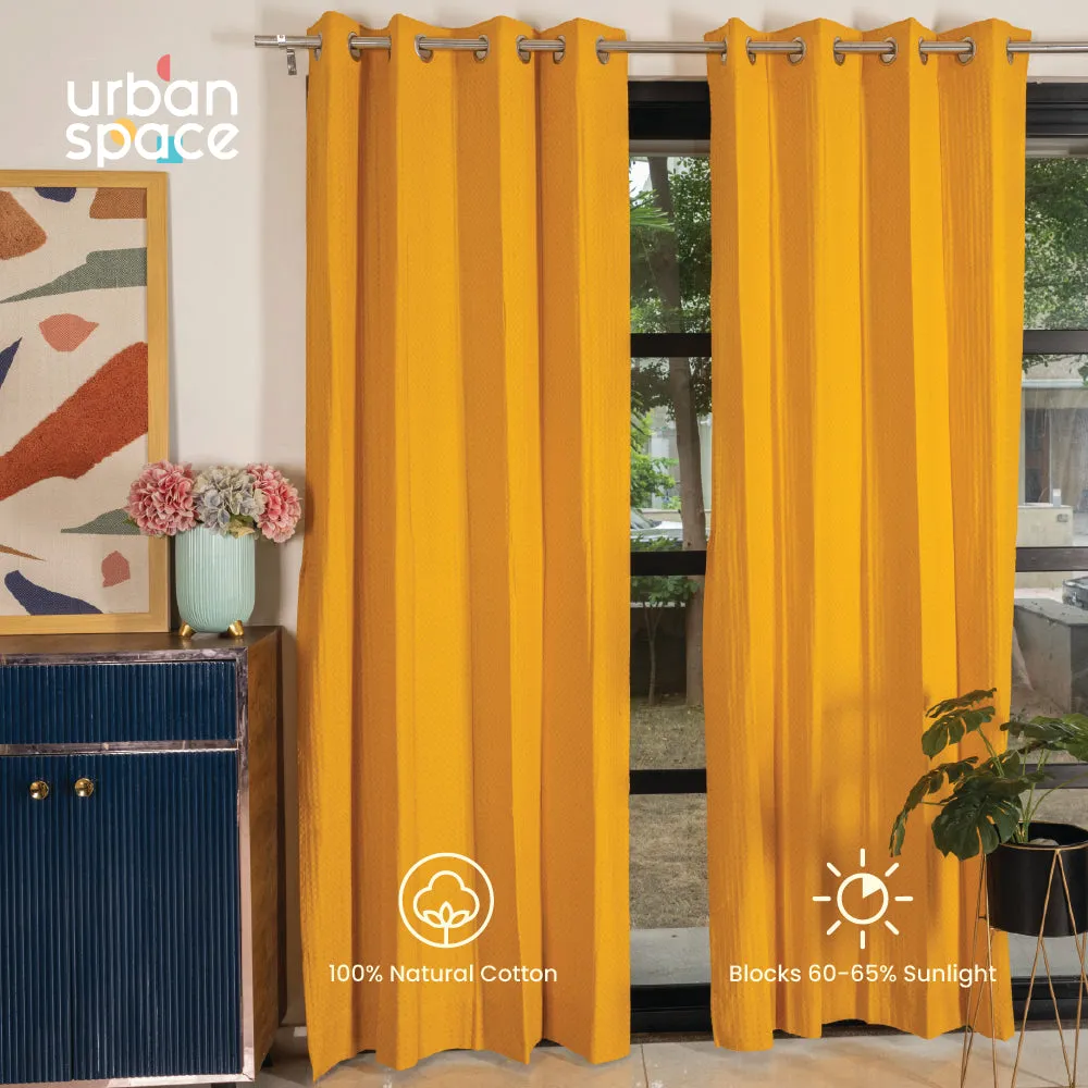 100% Cotton Waffle weave Curtains, 60-65% Room Darkening Curtain - Pack of 2 - Mustard