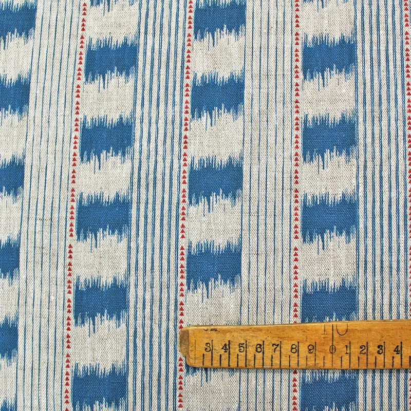 110CM REMNANT Home Furnishing Linen - Ikat Esque - Blue and Red