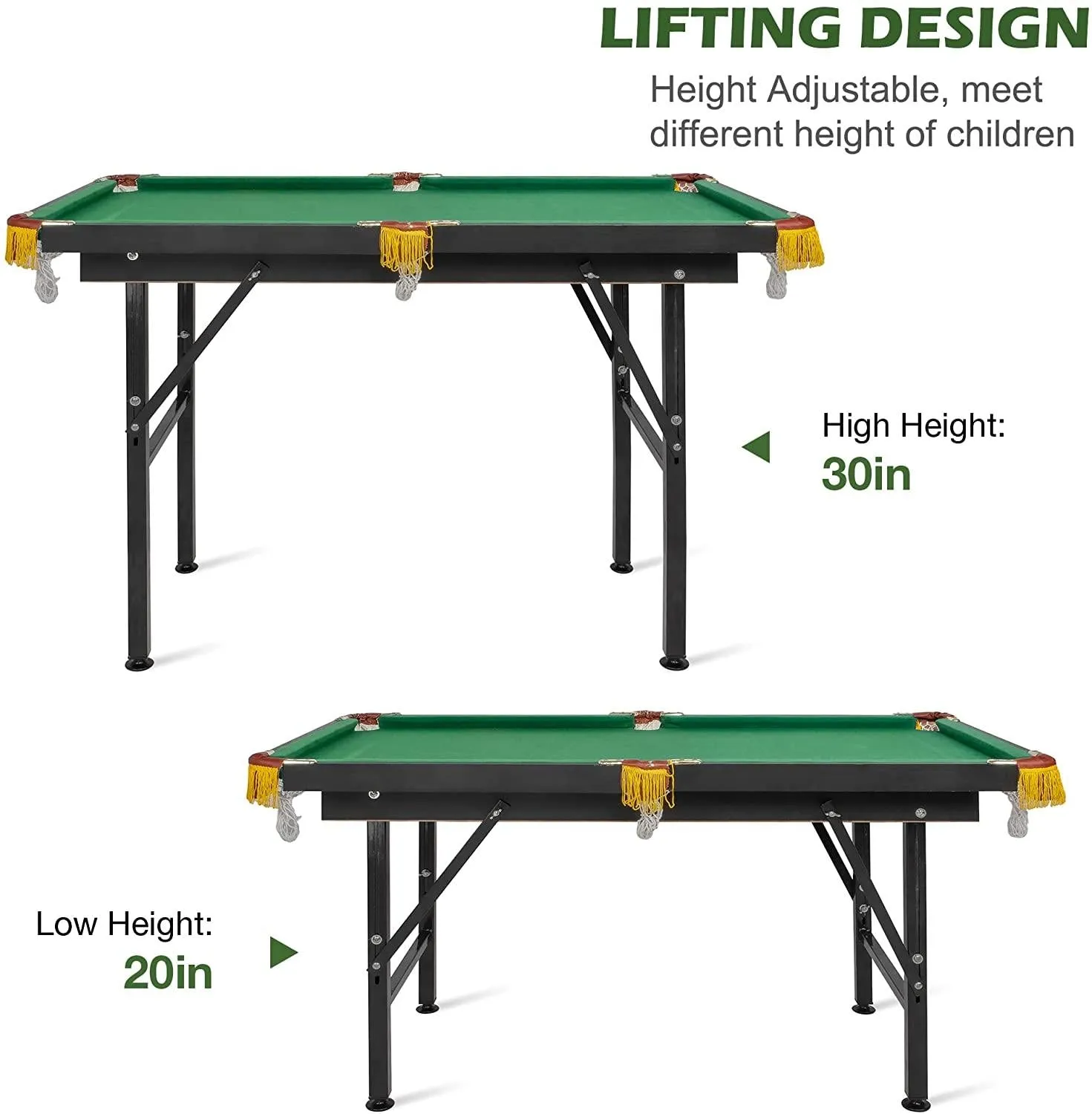 55" Adjustable Height Billiard Table Folding Portable Game Pool Table with adjustable foot pad