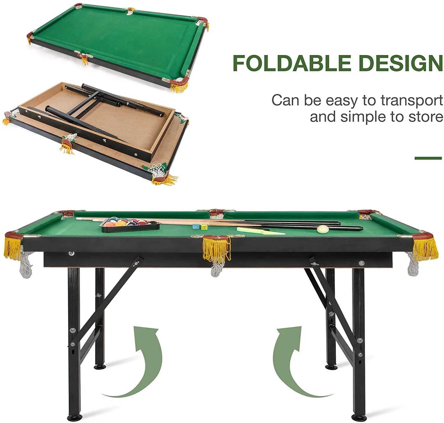 55" Adjustable Height Billiard Table Folding Portable Game Pool Table with adjustable foot pad