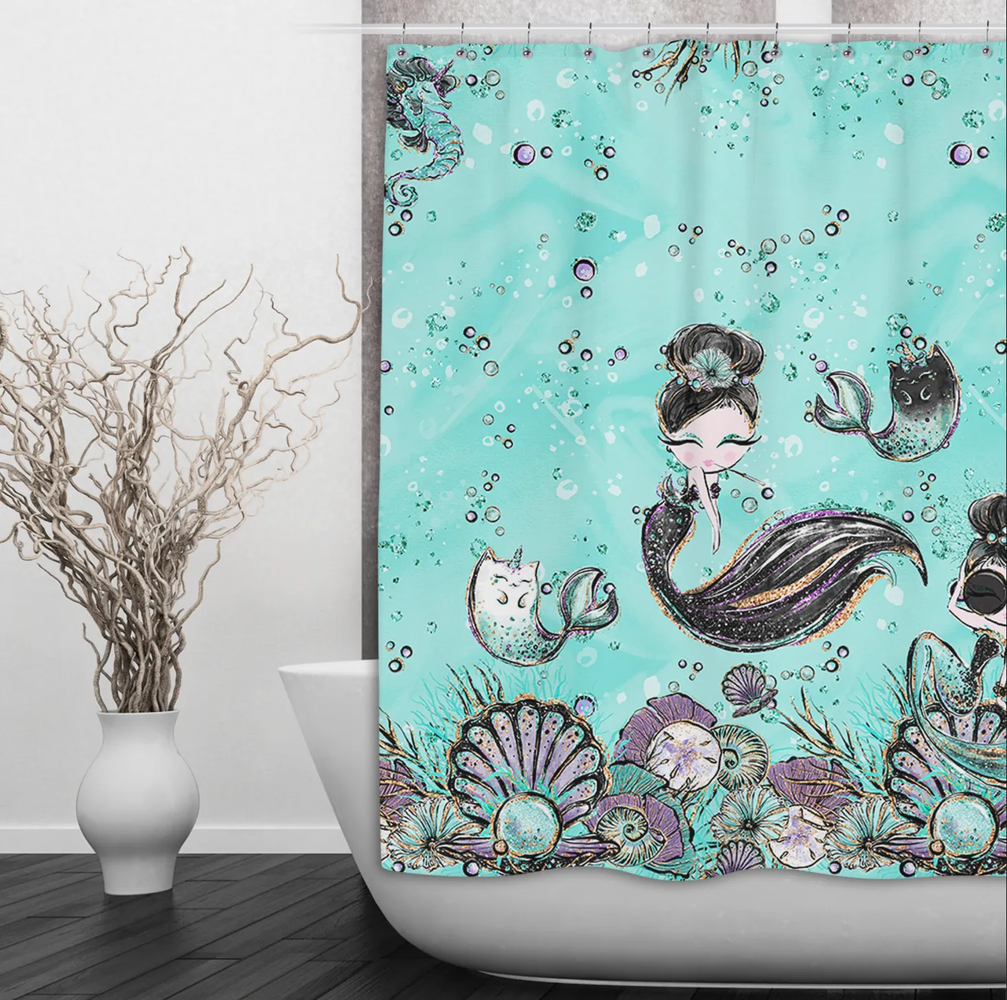 Audrey Hepburn Mermaid Sisters Caticorn Shower Curtains and Optional Bath Mats