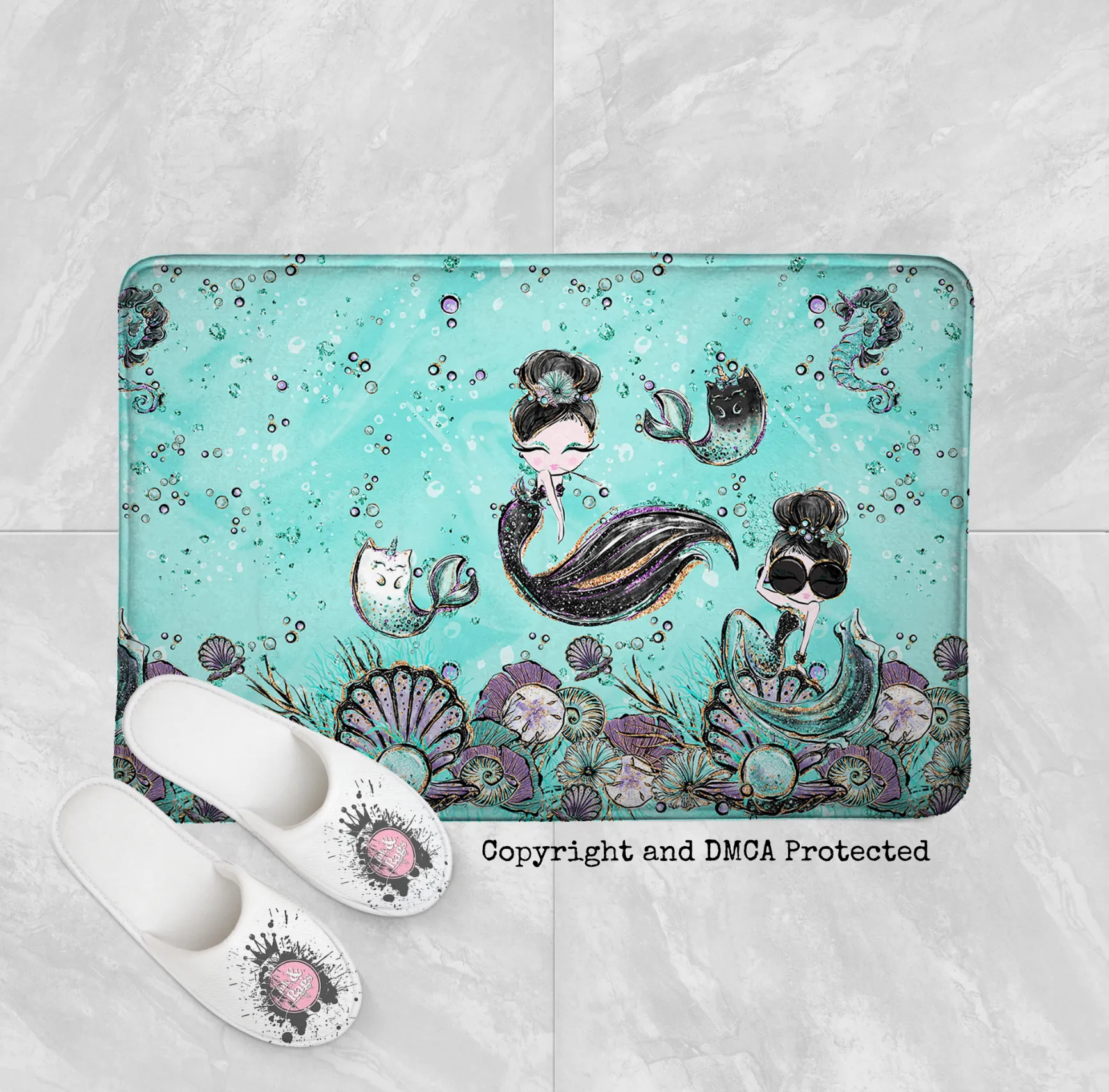 Audrey Hepburn Mermaid Sisters Caticorn Shower Curtains and Optional Bath Mats