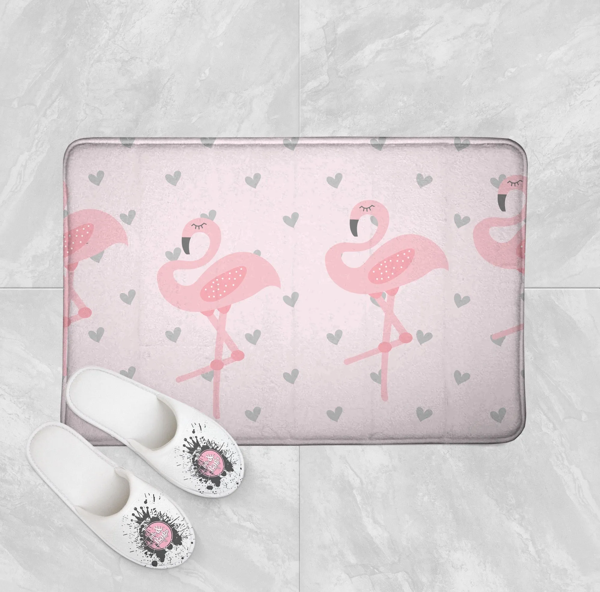 Baby Pink Marching Flamingo Heart Shower Curtains and Optional Bath Mats