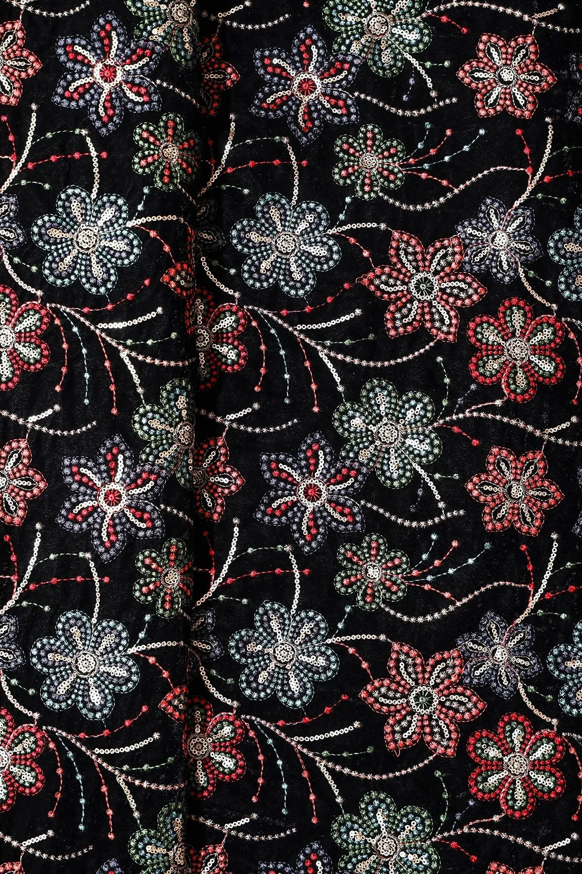 Beautiful Multi Color Thread With Sequins Floral Embroidery Work On Black Velvet Fabric