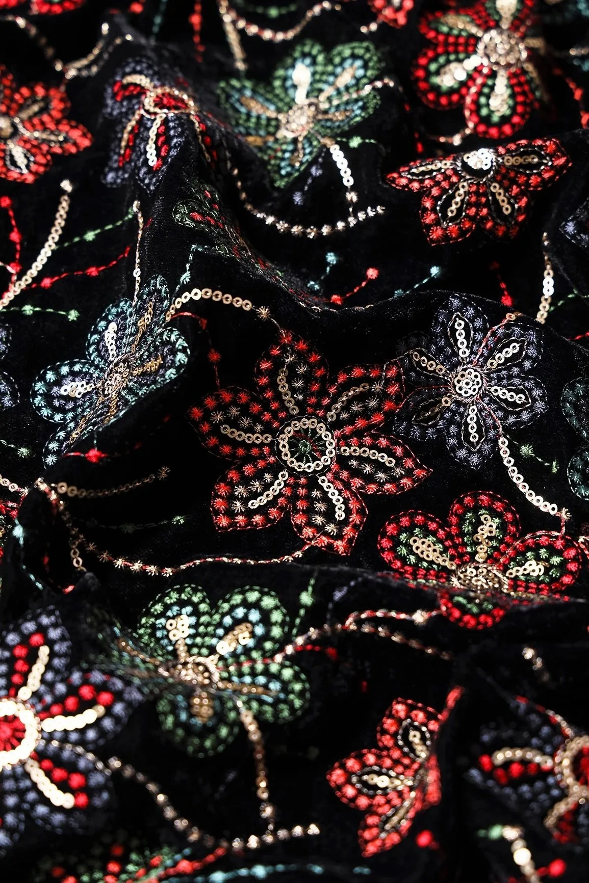 Beautiful Multi Color Thread With Sequins Floral Embroidery Work On Black Velvet Fabric