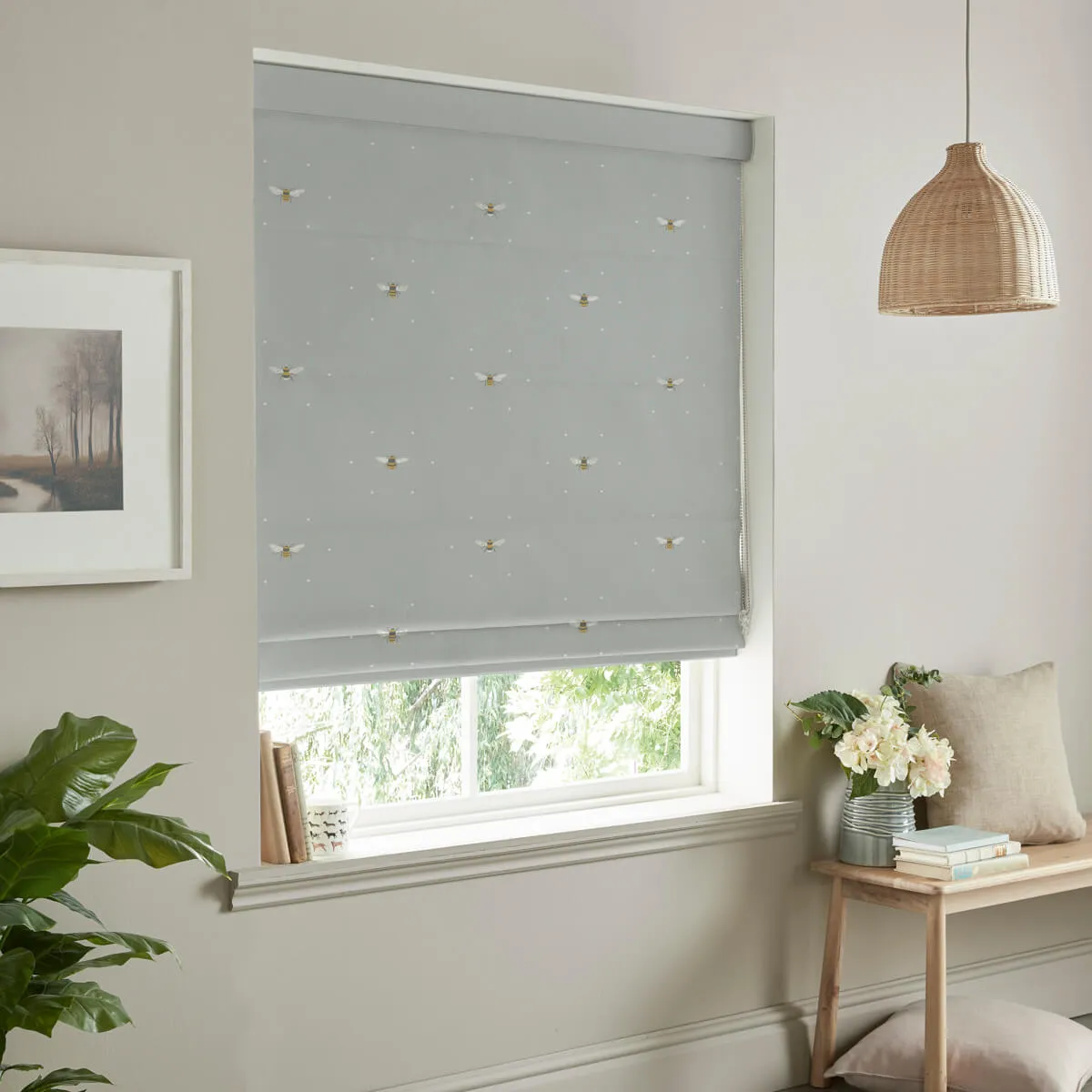 Bees Pale Slate Curtains/Roman Blind Sample