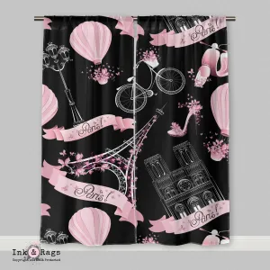 Black and Pink Whimsy in Paris Eiffel Tower Curtains