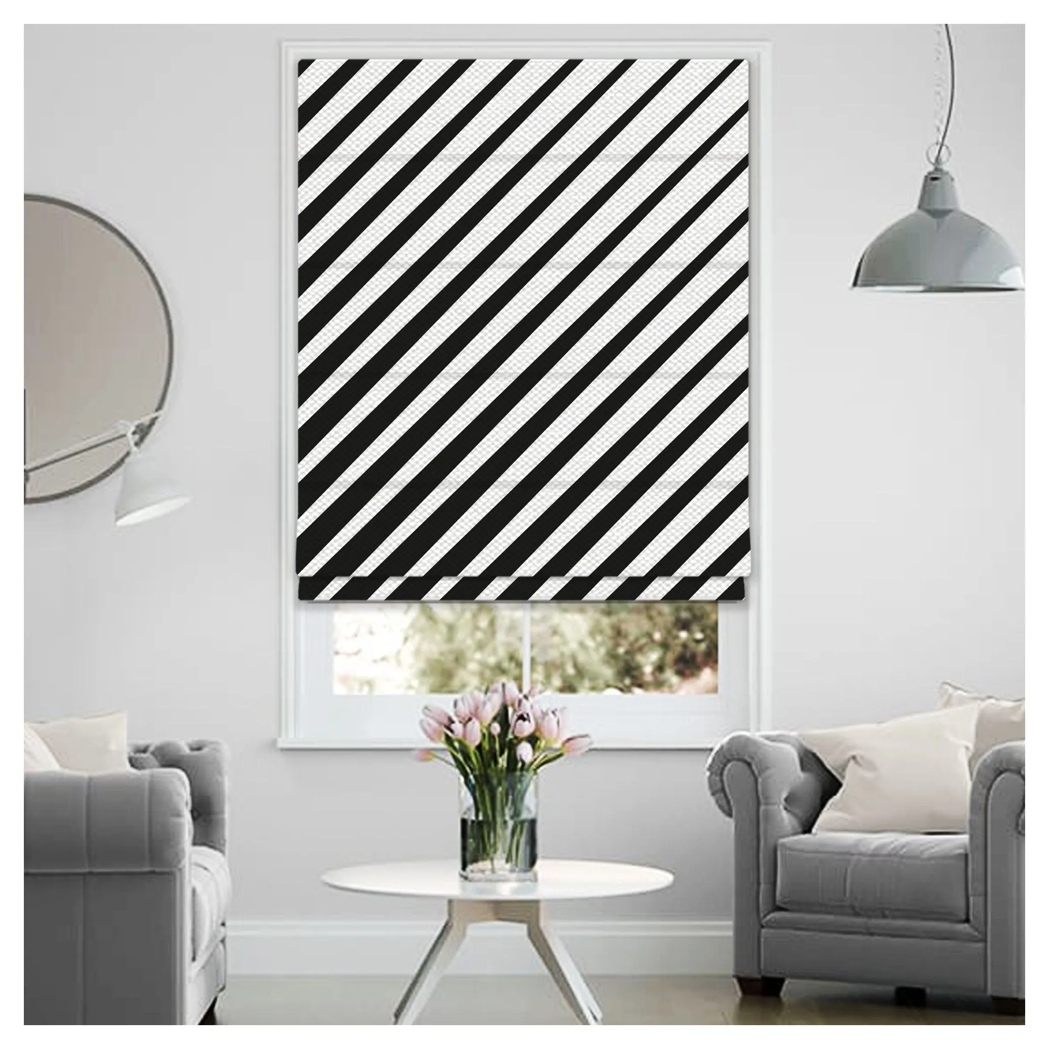 Black And White Geometric Lines Pattern Window Roman Shade