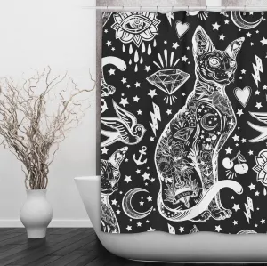 Black and White Old School Tattoo Sphynx Cat Shower Curtains and Optional Bath Mats