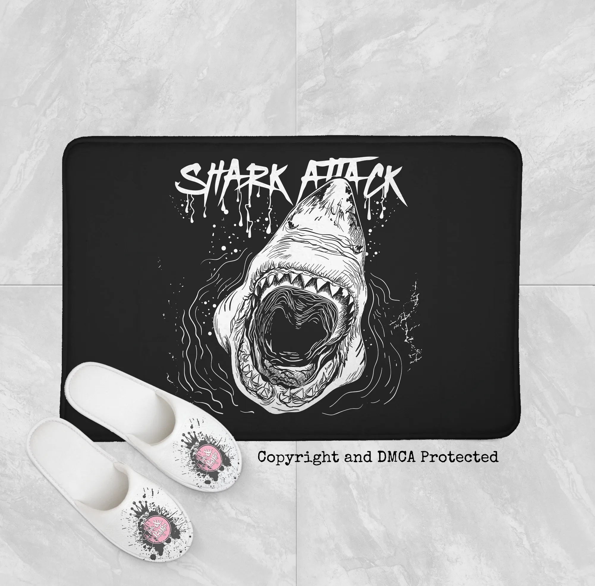 Black and White Shark Attack Shower Curtains and Optional Bath Mats