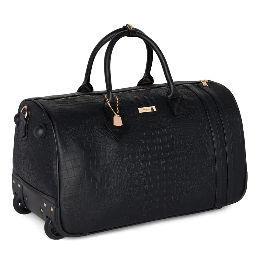 Black Apollo 2 Faux Crocodile Skin Rolling Duffle Bag