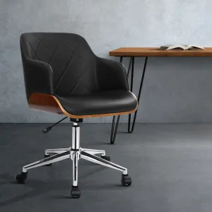 Black Wooden Office Chair, Adjustable, PU Leather - Artiss