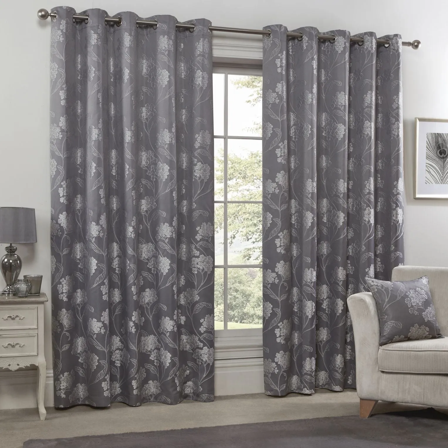 Blossom Silver Lined Eyelet Jacquard Curtains