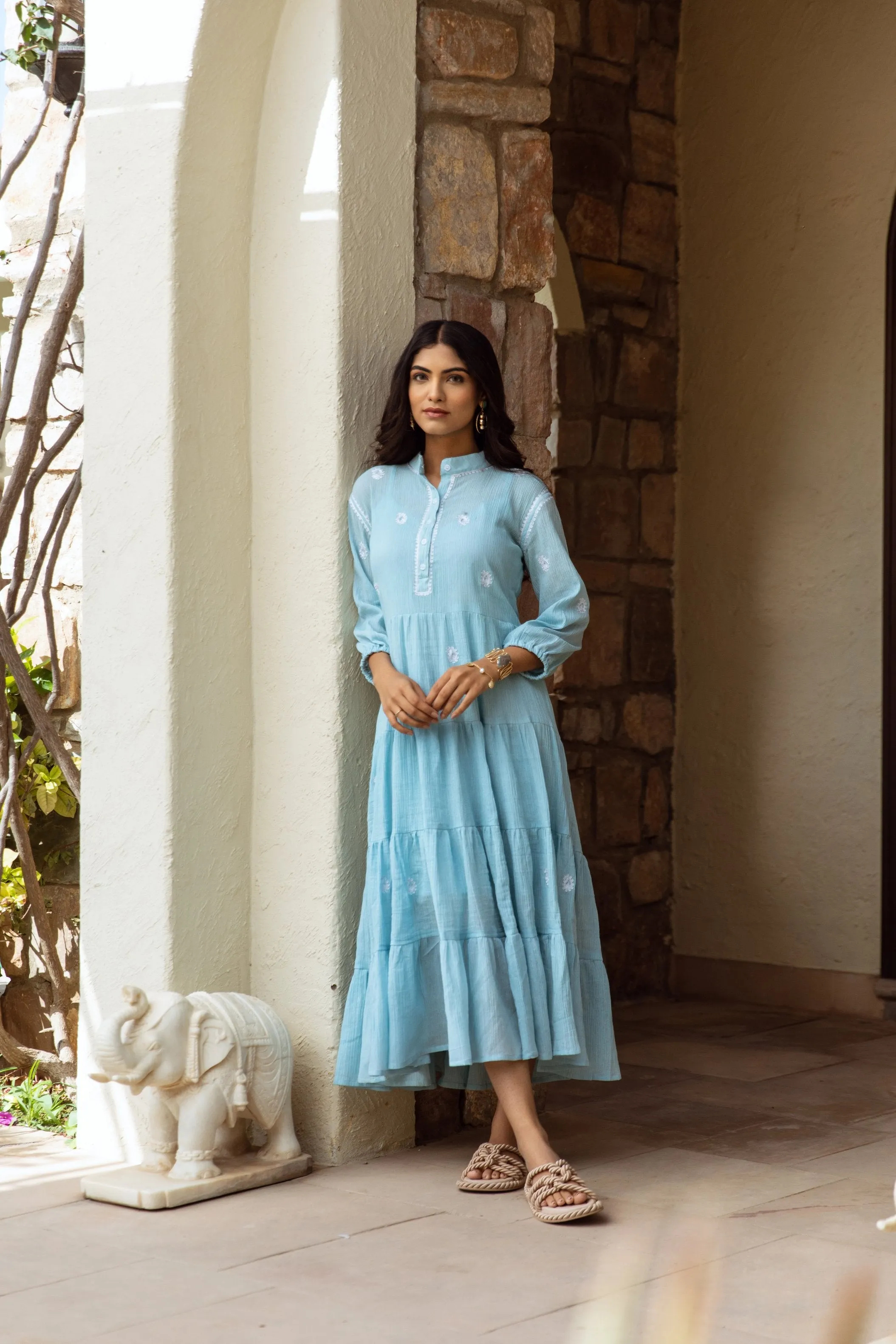 Blue cotton gauze embroidered dress