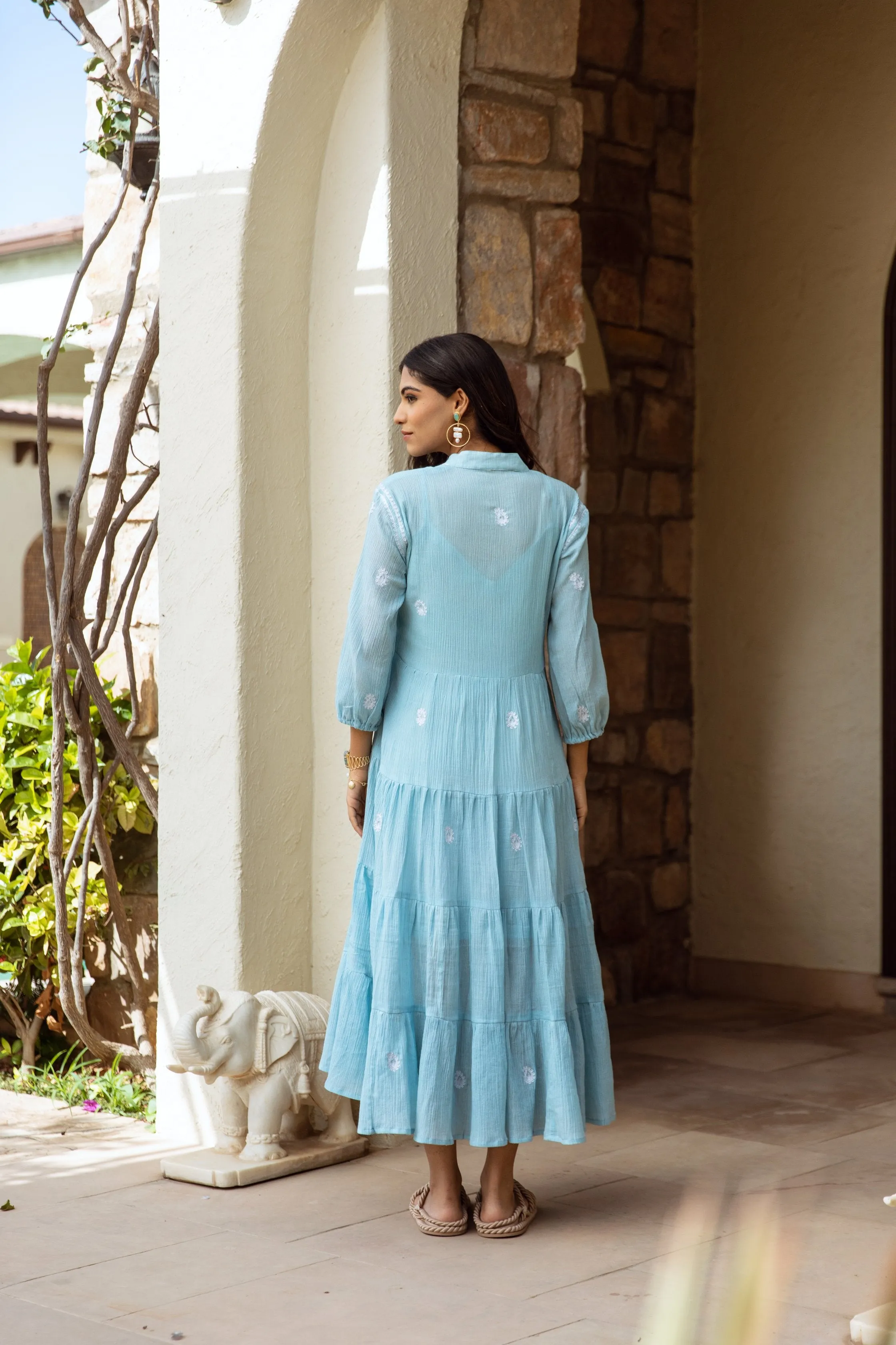 Blue cotton gauze embroidered dress