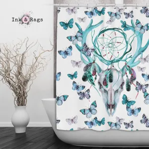 Blue Green Dreamcatcher Butterfly Buck Deer Skull Shower Curtains and Optional Bath Mats