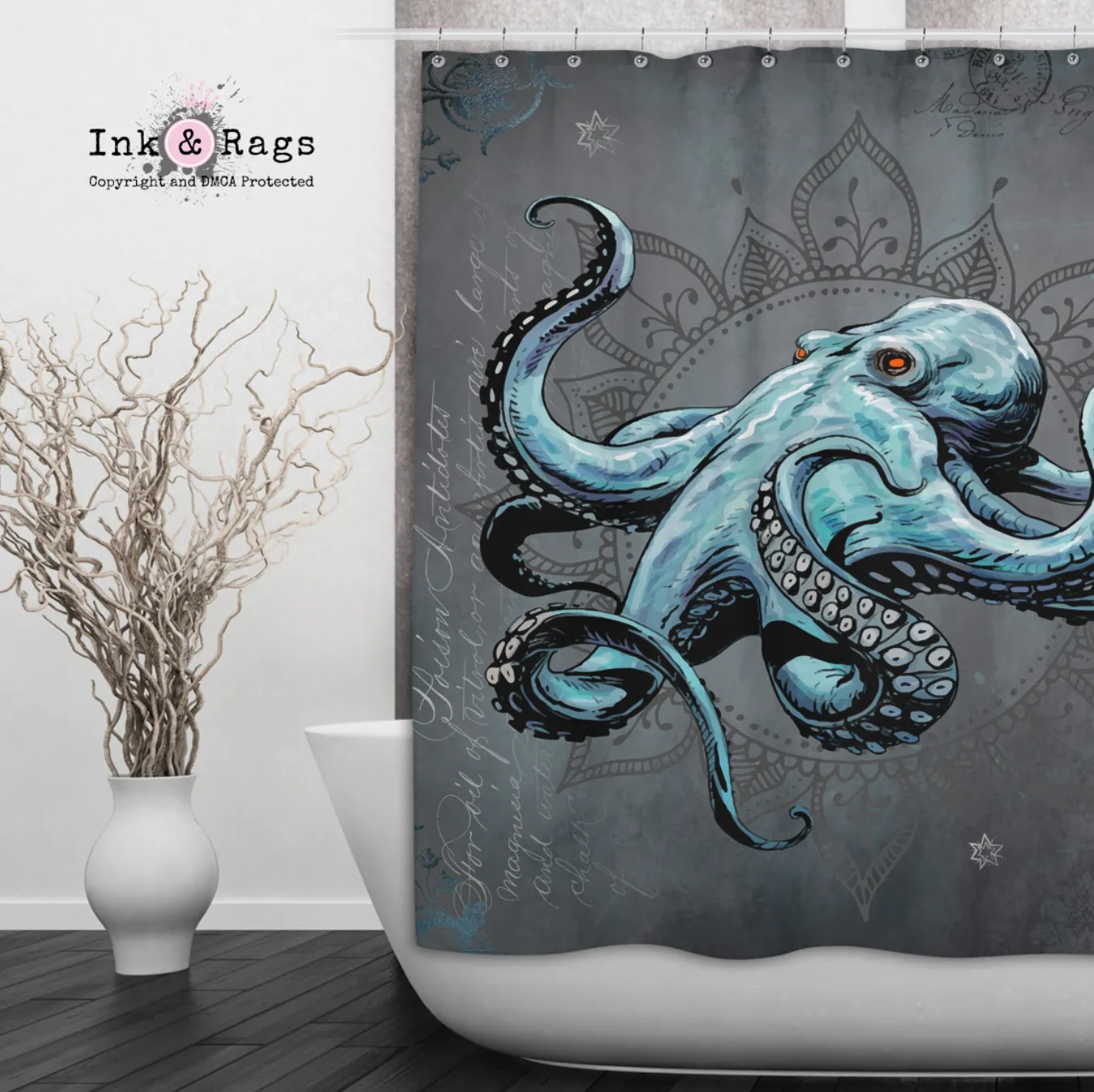 Blue Grey Mandala Octopus Shower Curtains and Optional Bath Mats