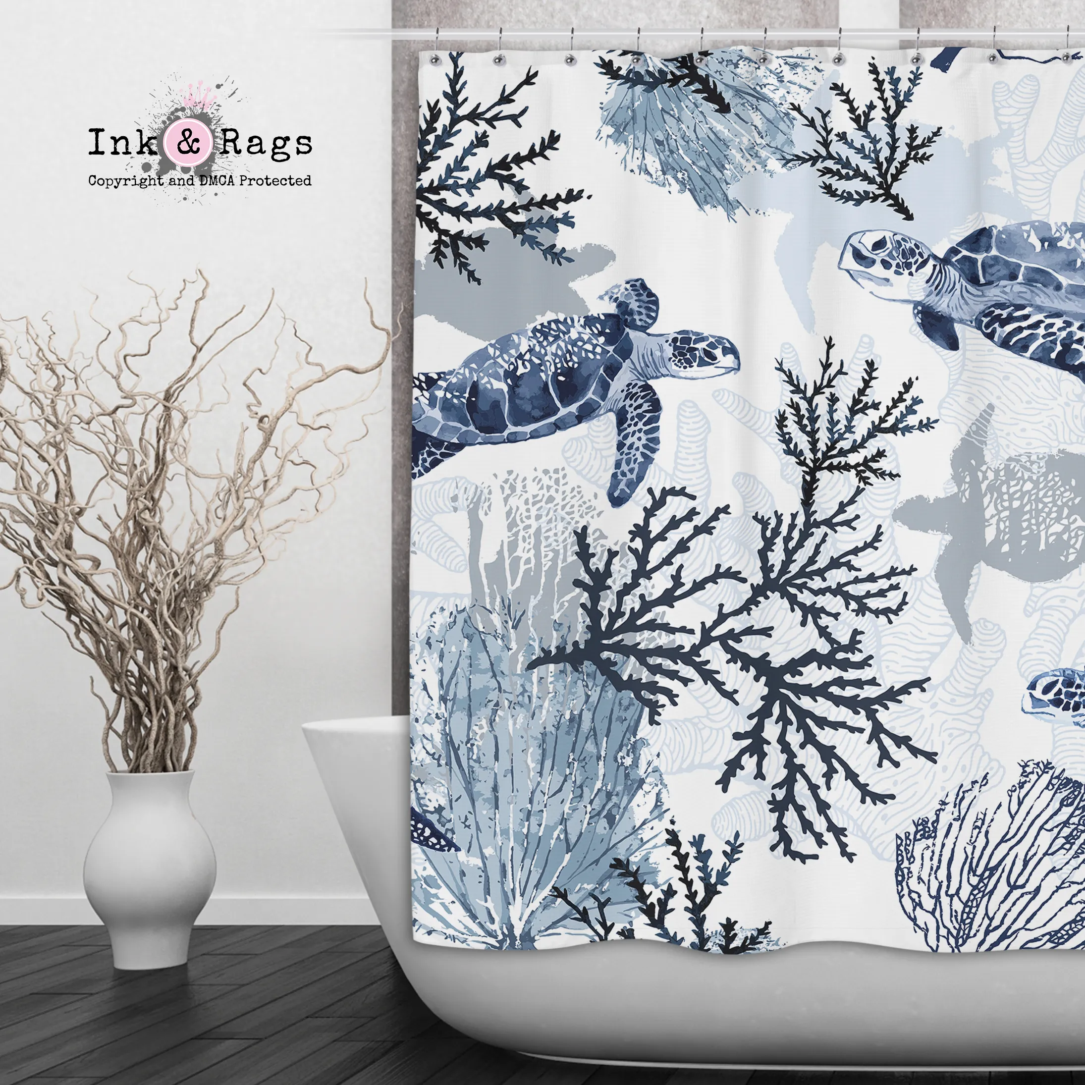 Blue Grey Sea Turtle Coral Beach Theme Shower Curtains and Optional Bath Mats