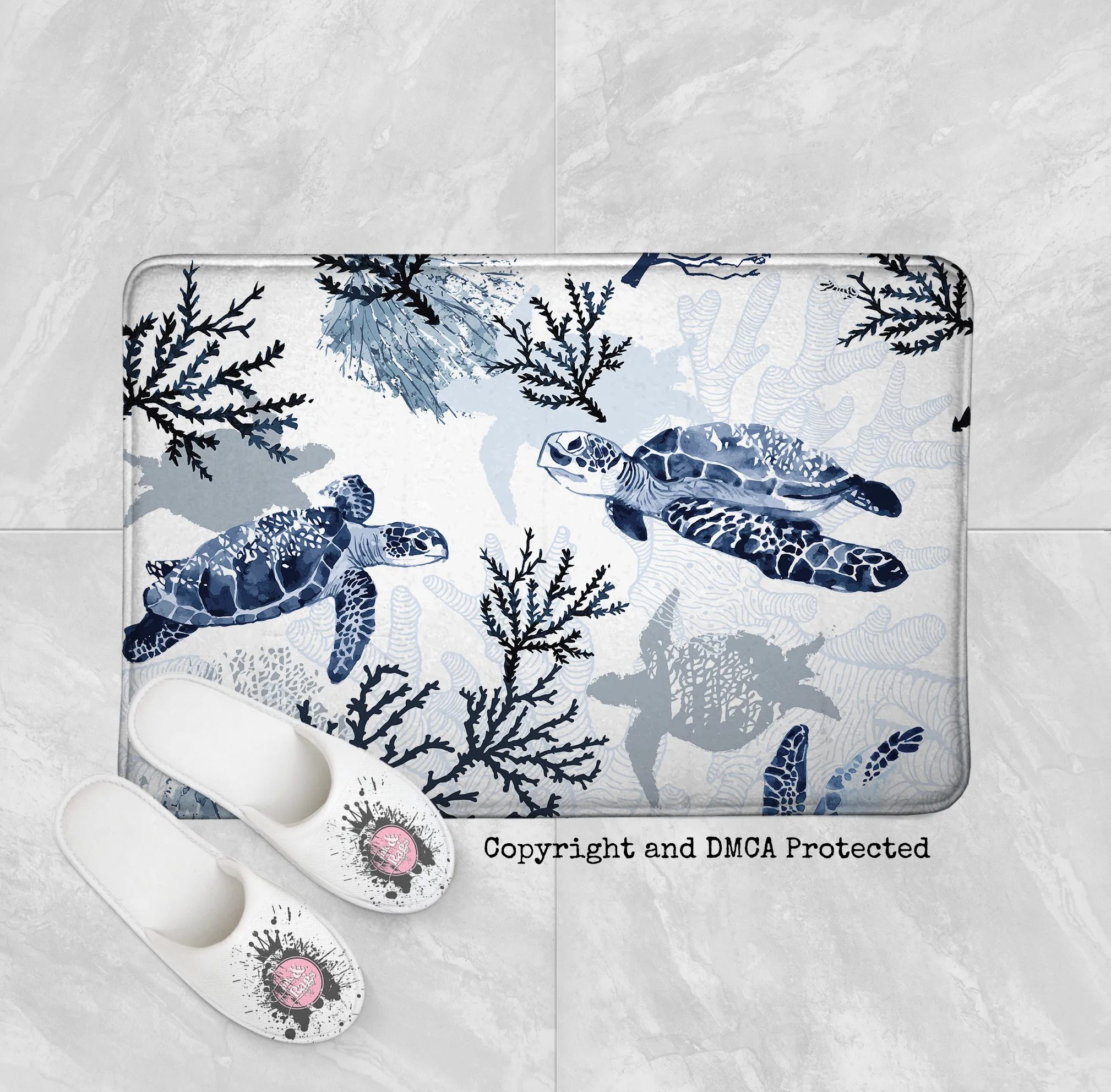 Blue Grey Sea Turtle Coral Beach Theme Shower Curtains and Optional Bath Mats