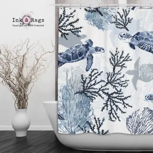 Blue Grey Sea Turtle Coral Beach Theme Shower Curtains and Optional Bath Mats