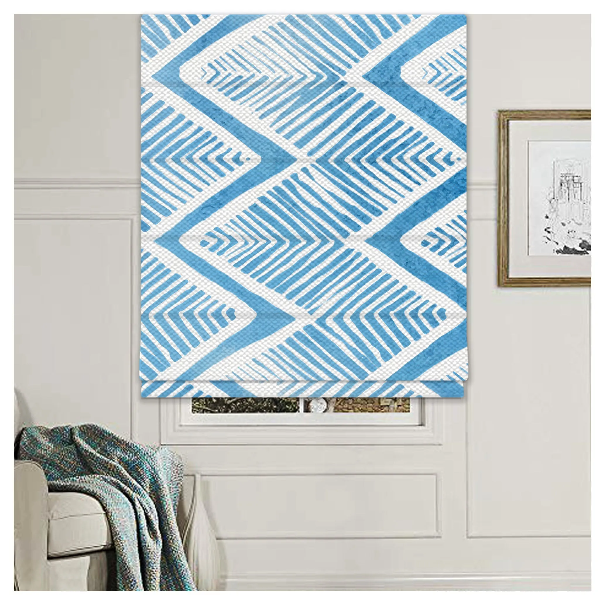 Blue Watercolor Geometry Window Roman Shade