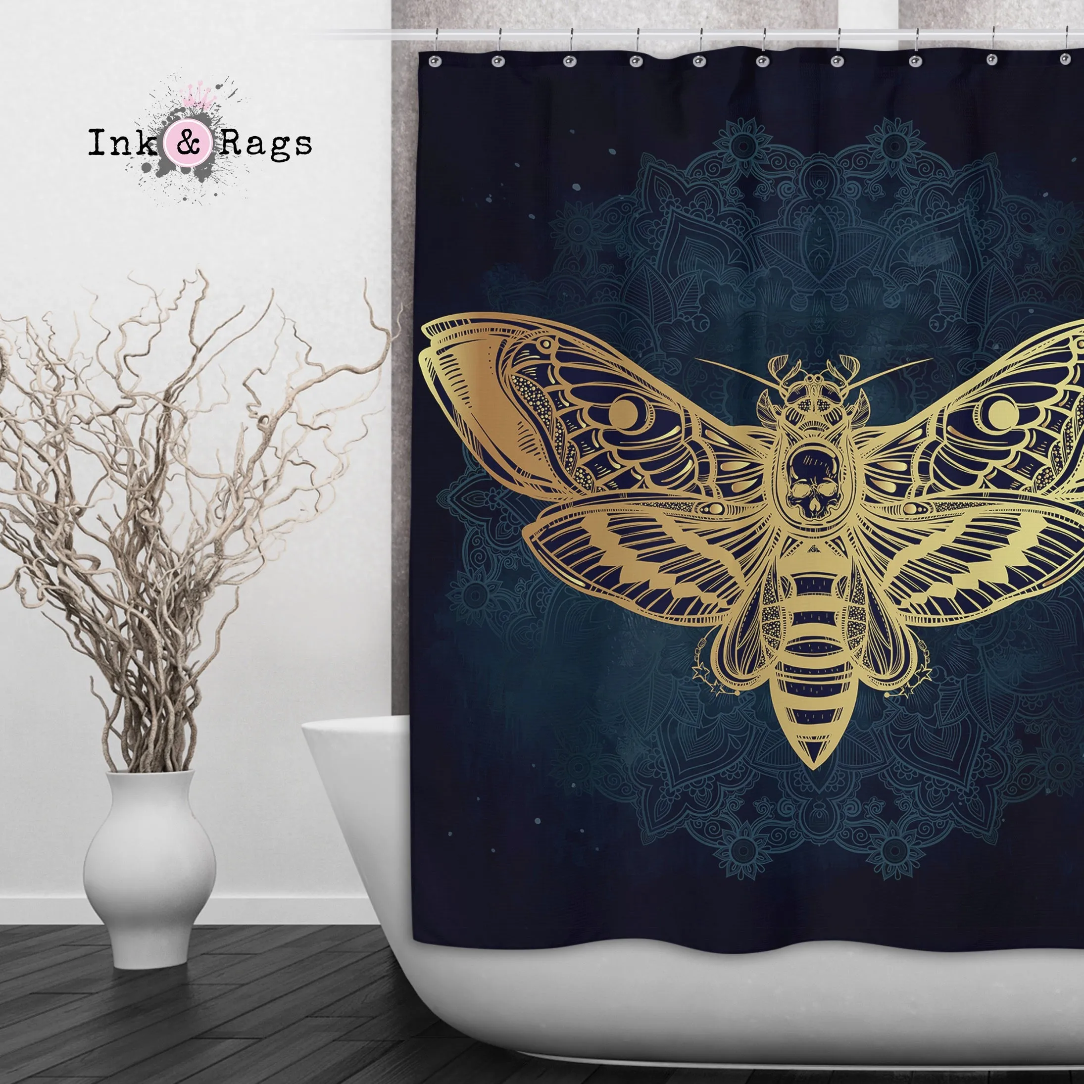 Boho Midnight Mandala Death Moth Skull Shower Curtains and Optional Bath Mats