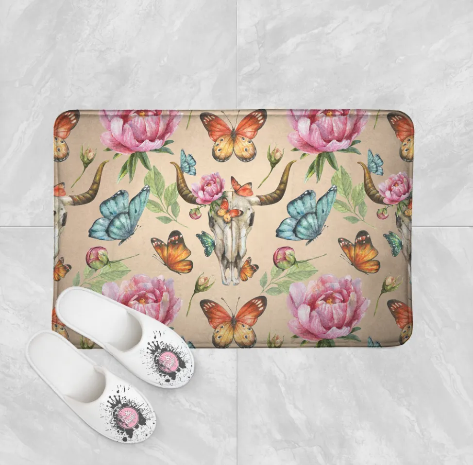 Bull Skull Peony Butterfly CREAM Shower Curtains and Optional Bath Mats