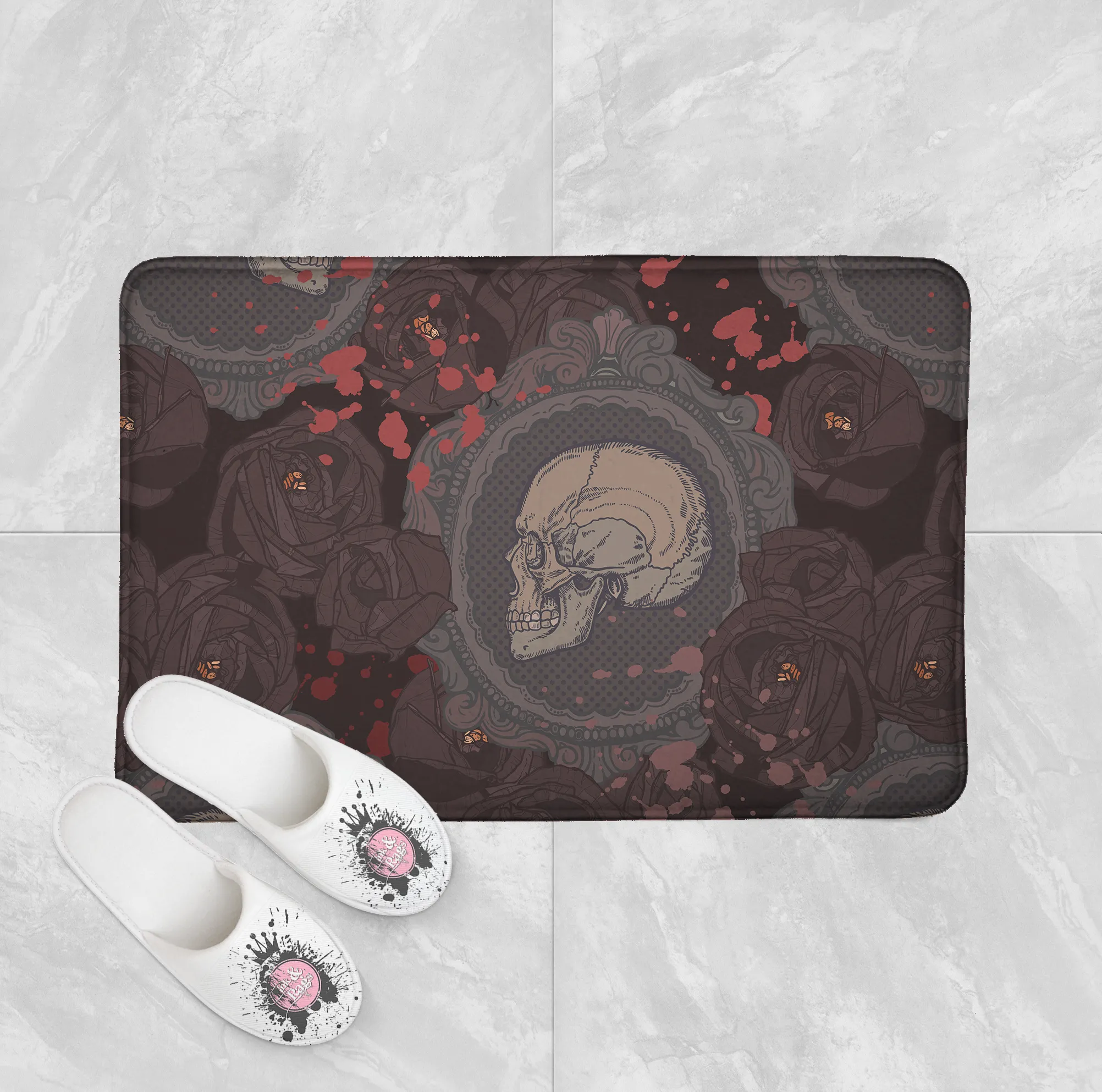 Cameo Skull Shower with Dark Roses Curtains and Bath Mats