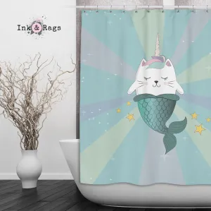 Caticorn Mermaids Blue Green Unicorn Cat Mermaid Shower Curtains and Optional Bath Mats