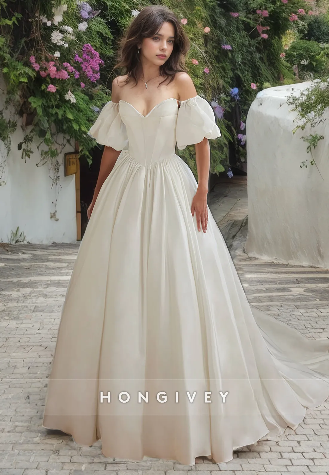 Chic Satin A-Line Sweetheart Puff Sleeves Wedding Dress