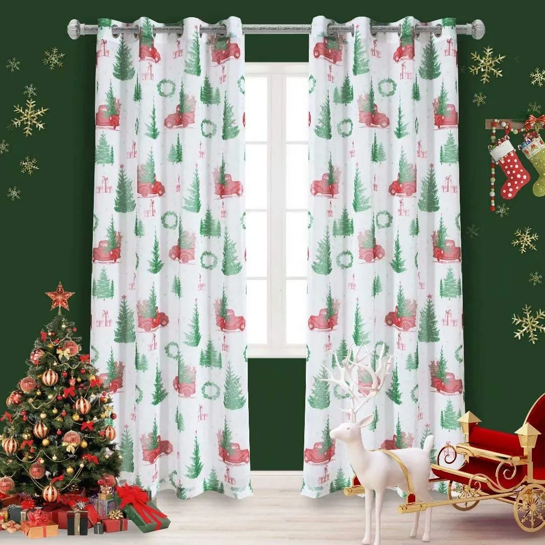 Christmas Faux Linen Sheer Curtains Light Filtering Grommet. Set of 2 Panels