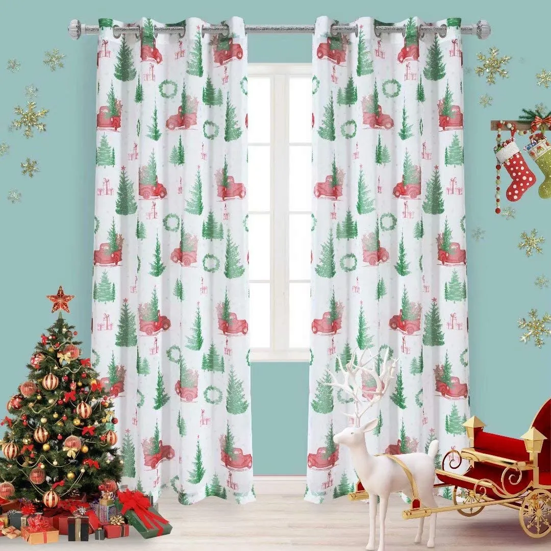 Christmas Faux Linen Sheer Curtains Light Filtering Grommet. Set of 2 Panels