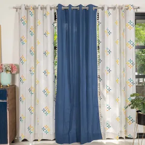 Cotton Curtains Combo, Set of 3 curtains, 60-65% Room Darkening Curtain - Blue & Aura Indigo