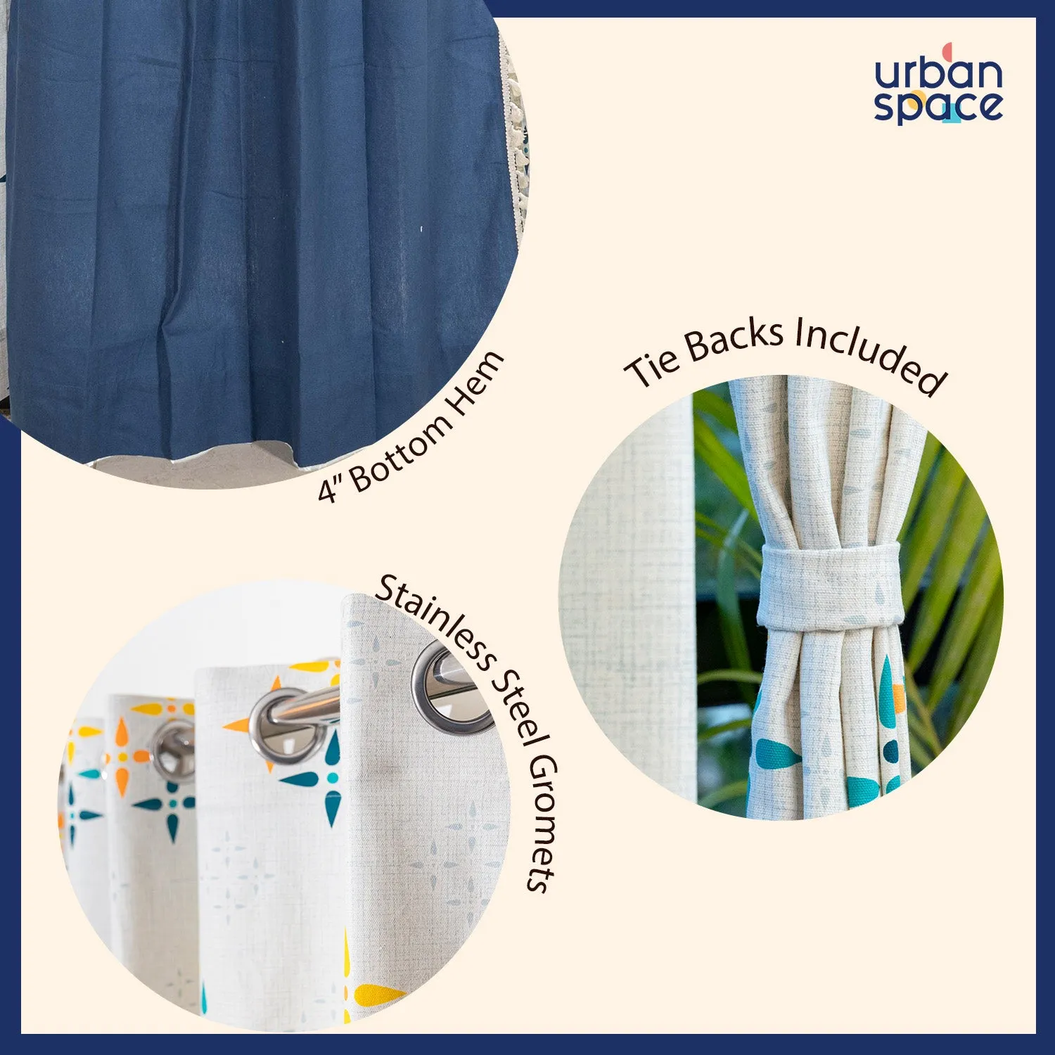 Cotton Curtains Combo, Set of 3 curtains, 60-65% Room Darkening Curtain - Blue & Aura Indigo