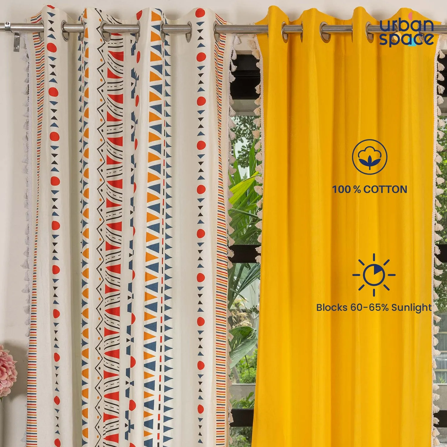 Cotton Curtains Combo, Set of 3 curtains, 60-65% Room Darkening Curtain - Orange & Aura Yellow