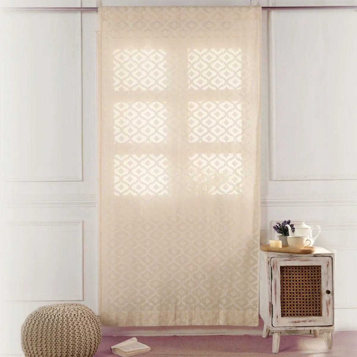 Cotton Semi Sheer Window Curtains |5/7 Feet | Handwoven Beige & White Cutwork| Handmade In India