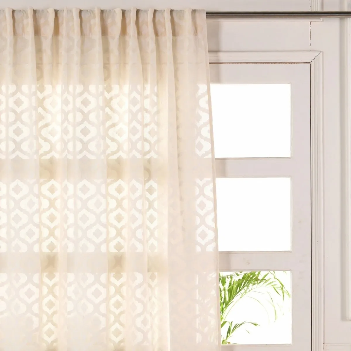 Cotton Semi Sheer Window Curtains |5/7 Feet | Handwoven Beige & White Cutwork| Handmade In India