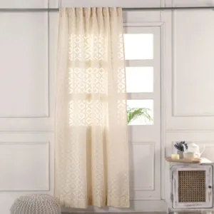 Cotton Semi Sheer Window Curtains |5/7 Feet | Handwoven Beige & White Cutwork| Handmade In India