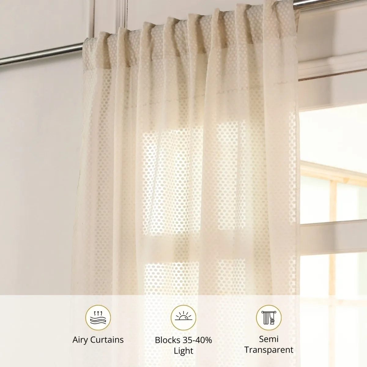 Cotton Semi Sheer Window Curtains |5/7 Feet | Handwoven Chanderi Dotted Pattern White | Handmade In India