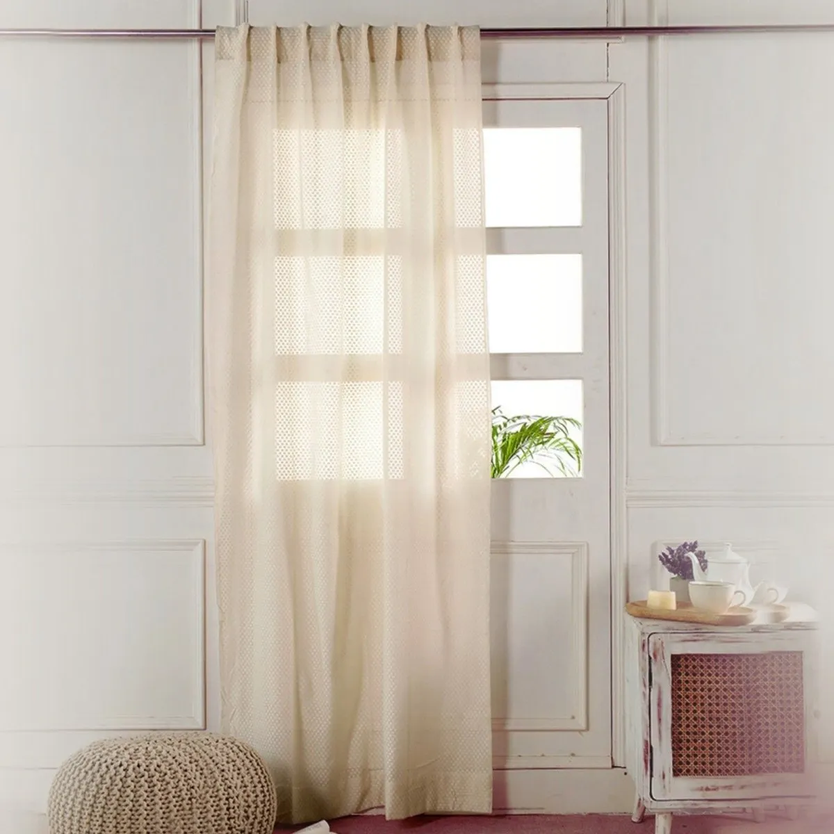 Cotton Semi Sheer Window Curtains |5/7 Feet | Handwoven Chanderi Dotted Pattern White | Handmade In India