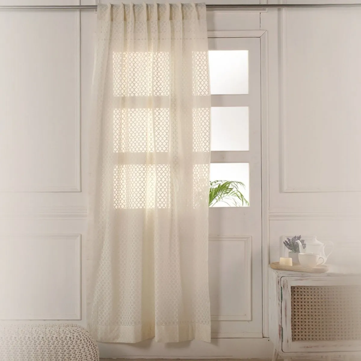 Cotton Silk Semi Sheer Door Curtains | 5/7 Feet | Handwoven Chanderi Fabric White | Handmade In India