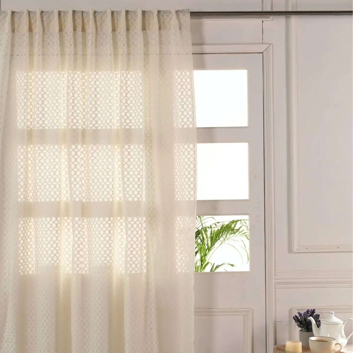 Cotton Silk Semi Sheer Door Curtains | 5/7 Feet | Handwoven Chanderi Fabric White | Handmade In India