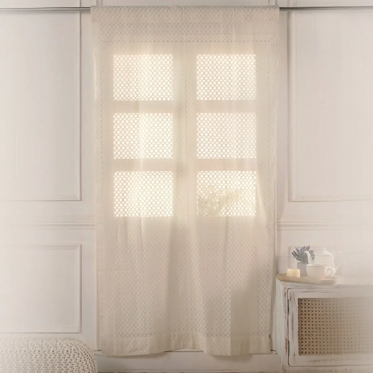 Cotton Silk Semi Sheer Door Curtains | 5/7 Feet | Handwoven Chanderi Fabric White | Handmade In India