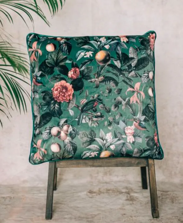 Dark Green Floral and Fauna Velvet Cushion