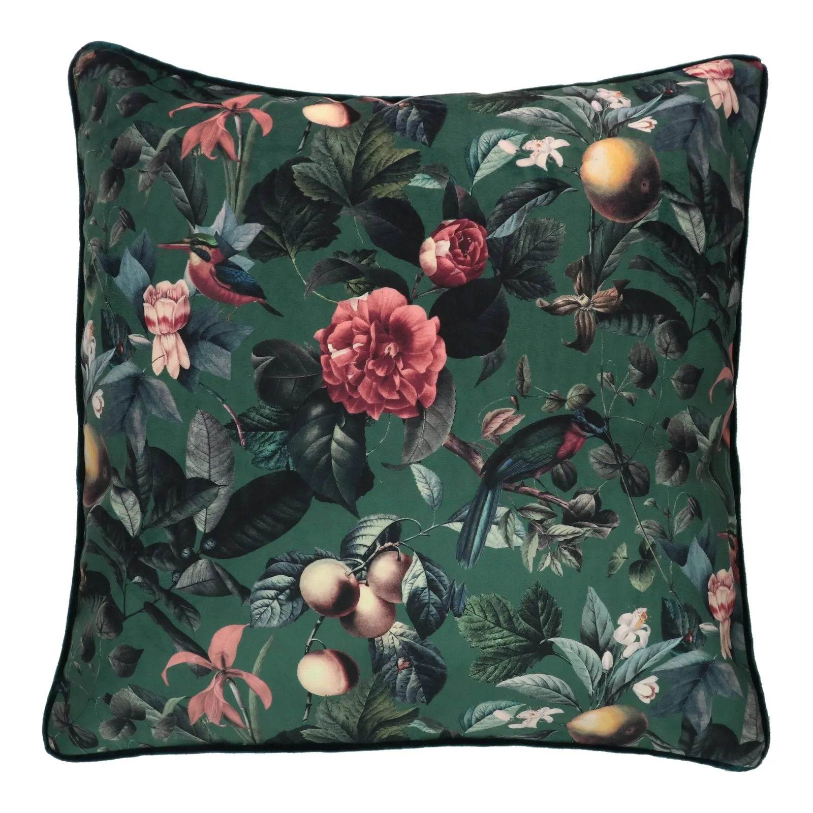 Dark Green Floral and Fauna Velvet Cushion