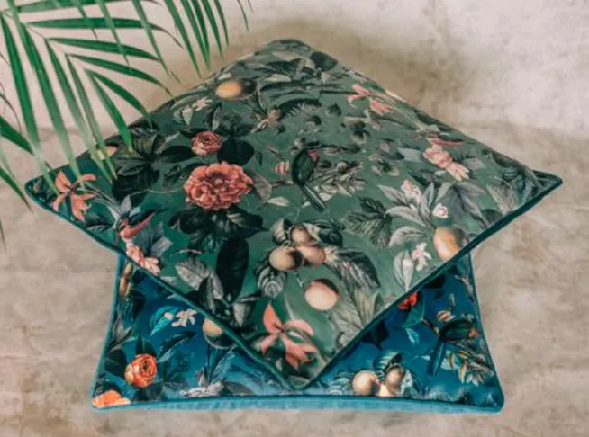 Dark Green Floral and Fauna Velvet Cushion